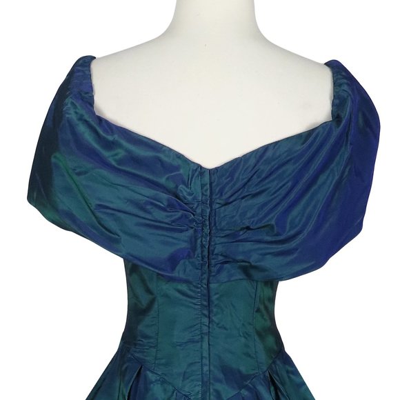 Vintage 80s 90s Dark Blue Green Taffeta Full Skirt Bow Prom Party Dress S Small - Picture 9 of 10